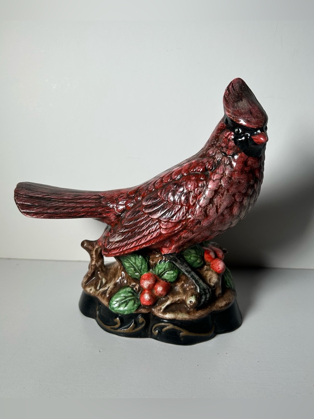 Vintage Zavori Mold Ceramic Cardinal Bird Figurine Hand Painted Holly Berries